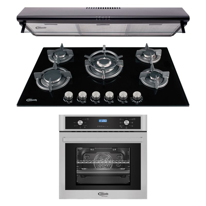 KLIMATIC - Tricombo Campana Decorativa CK 901 NE + Cocina Empotrable Gina + Horno Eléctrico Gamma B