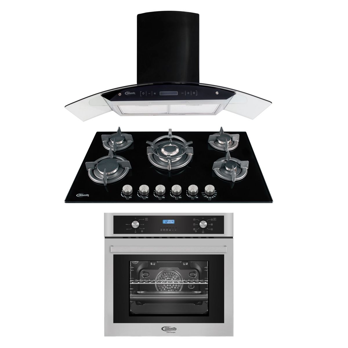 KLIMATIC - Tricombo Klimatic Cocina Empotrable 5 Hornillas Gina + Campana Decorativa 90cm Venezia + Horno Eléctrico 62 Lt Gamma B