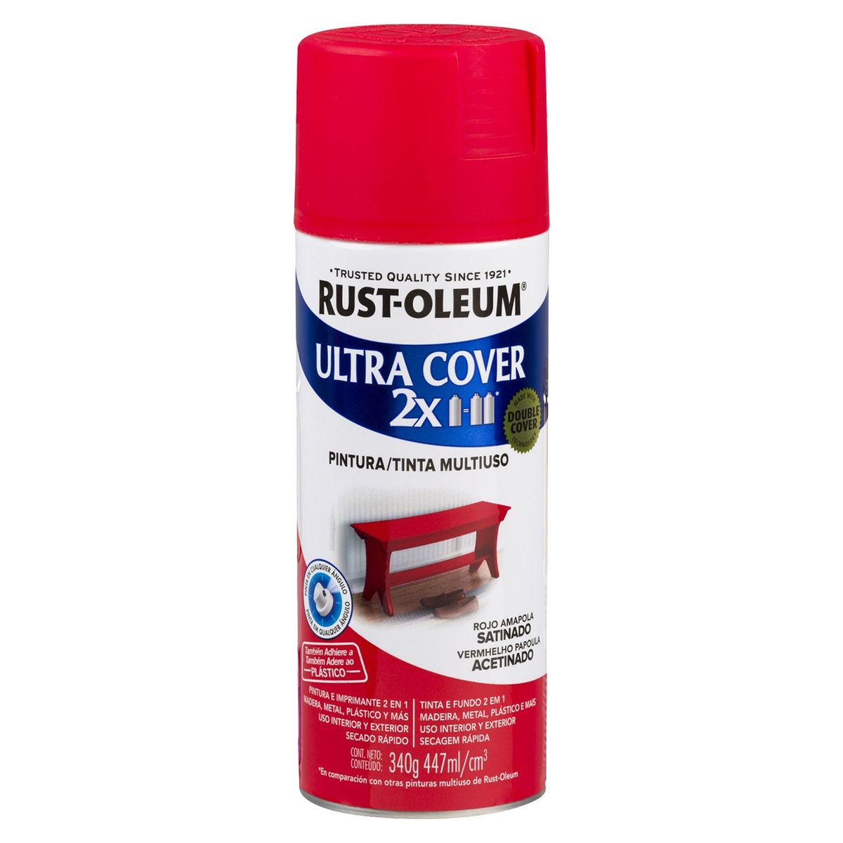 RUST OLEUM - Aerosol Multiusos Ultra Cover 2X Rojo Amapola Satinado 340G