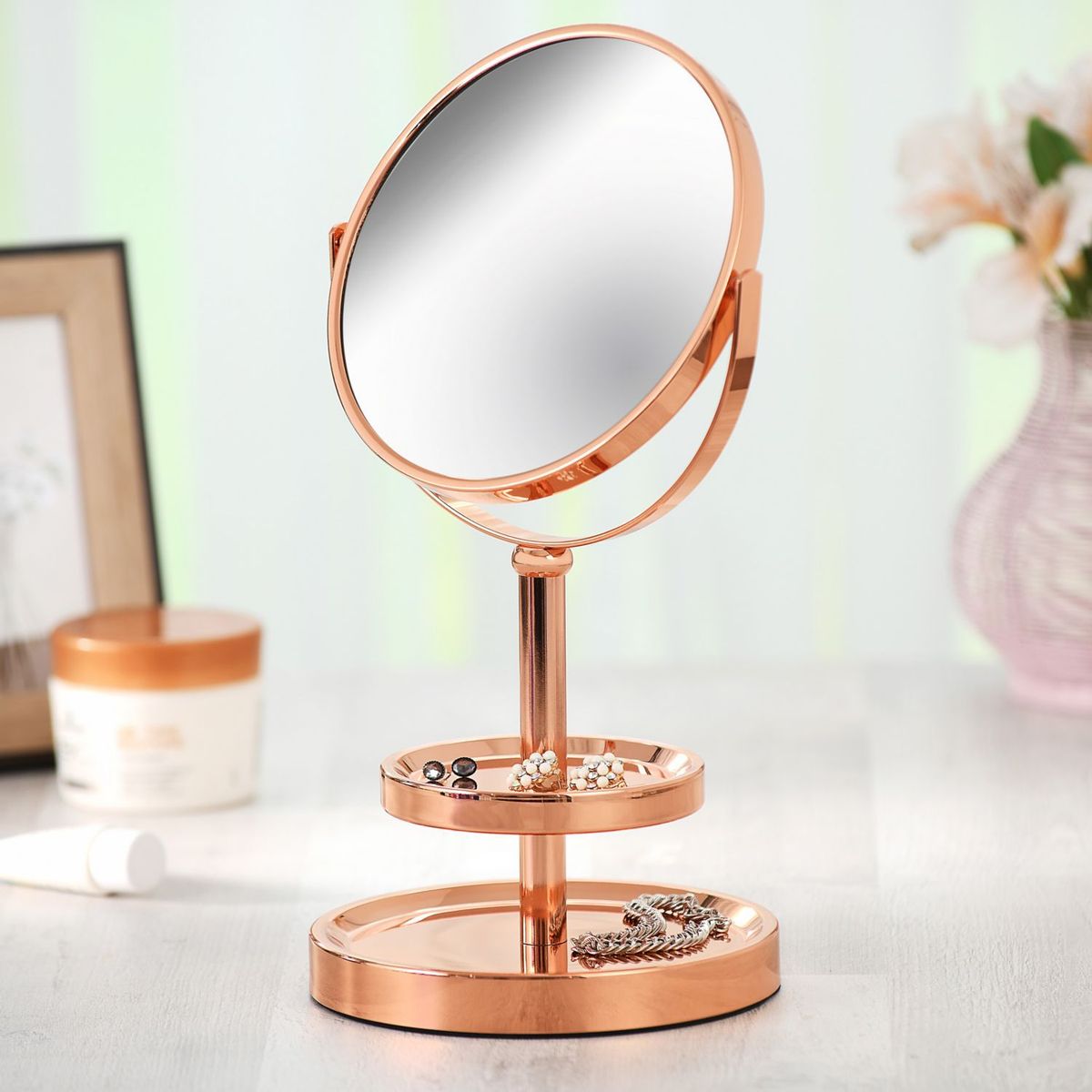 JUST HOME COLLECTION - Espejo Cosmético Organizador Giratorio Gold Rose 16cm