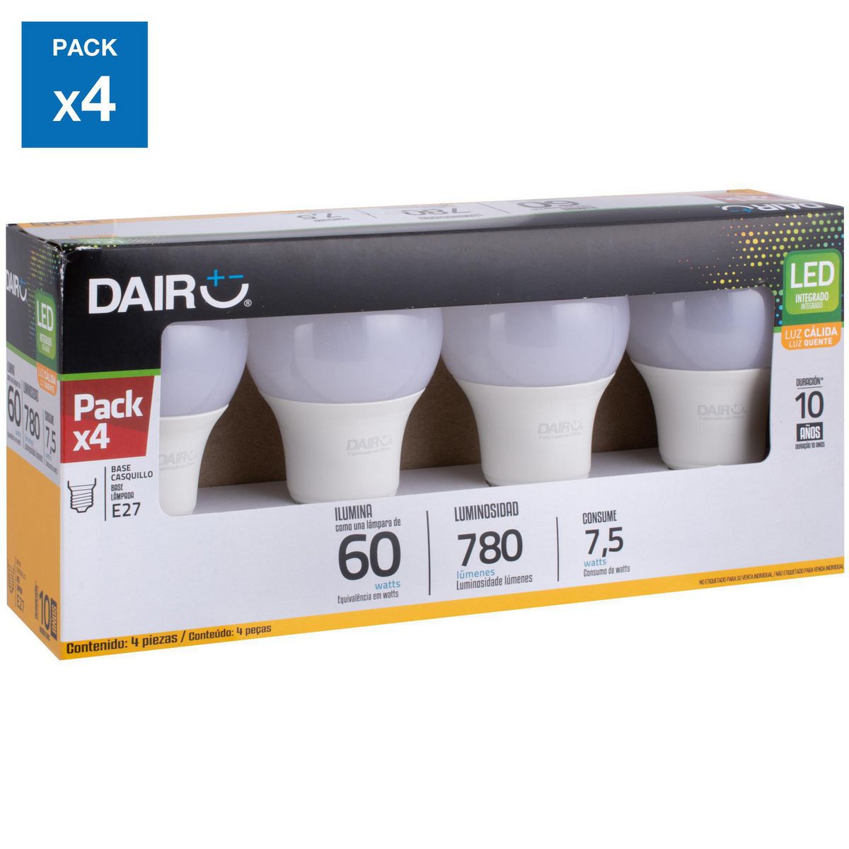 DAIRU - Pack x4 Foco LED Luz Cálida E27 7.5W