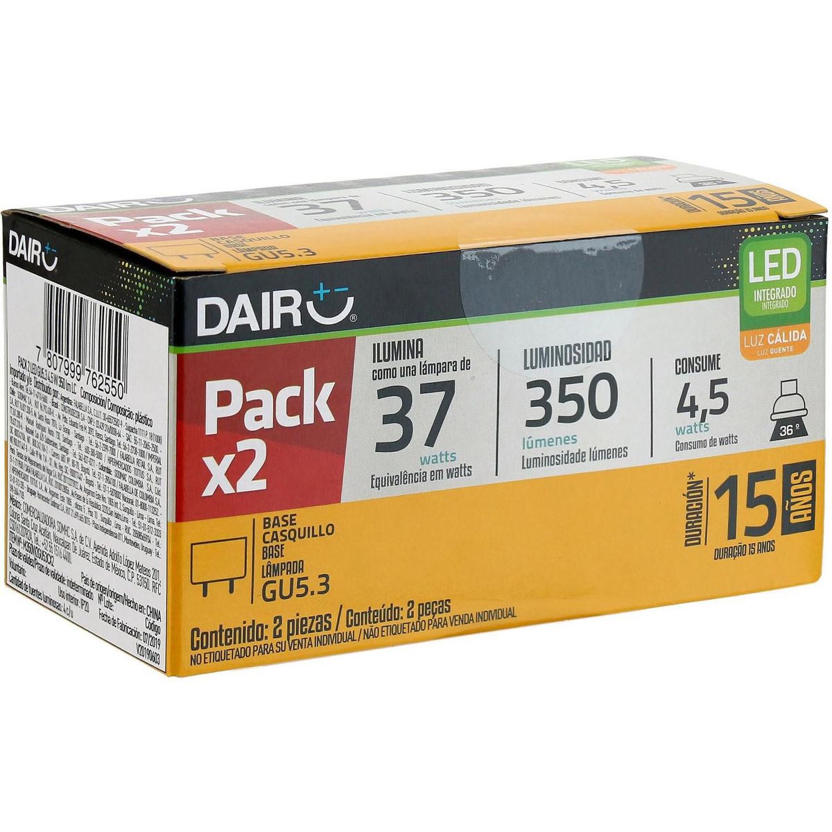 DAIRU - Pack x2 Foco Dicroico LED GU5.3 4.5W Luz Cálida