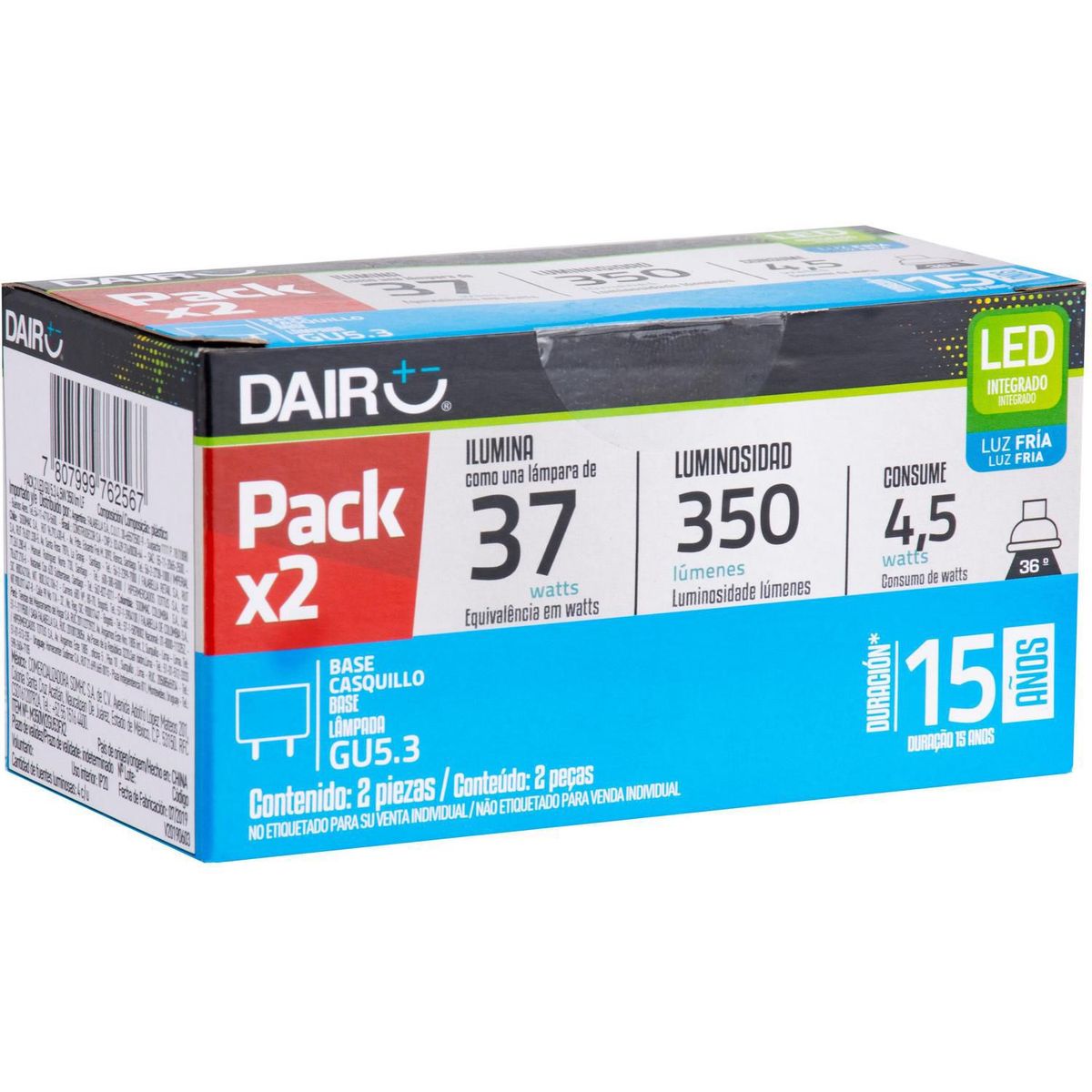 DAIRU - Pack x2 Foco Dicroico LED GU5.3 4.5W Luz Fría