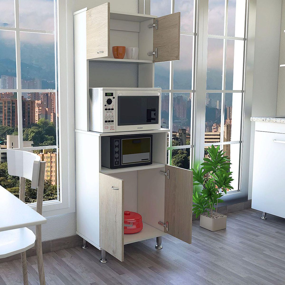 TUHOME - Mueble Microondas Kitchen 4 Puertas Blanco Rovere