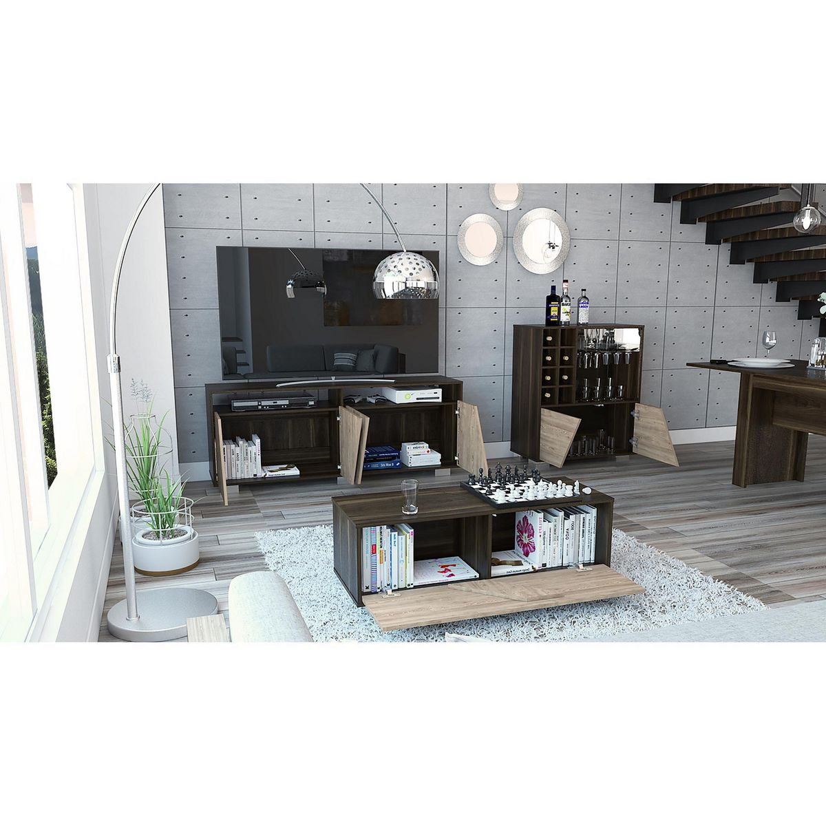 TUHOME - Mesa TV 70'' + Bar + Mesa de Centro Fraktal Habano/Miel