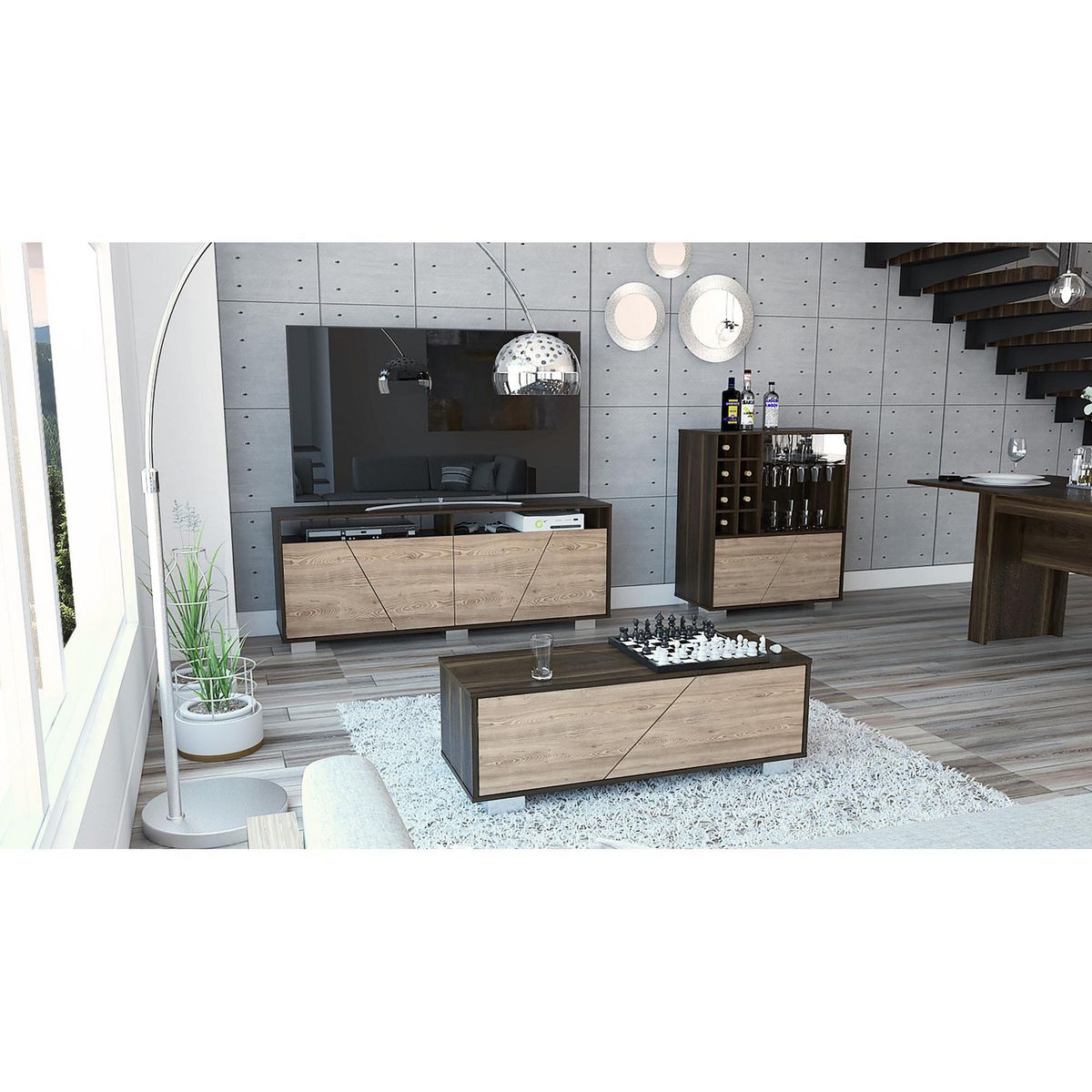 TUHOME - Mesa TV 70'' + Bar + Mesa de Centro Fraktal Habano/Miel