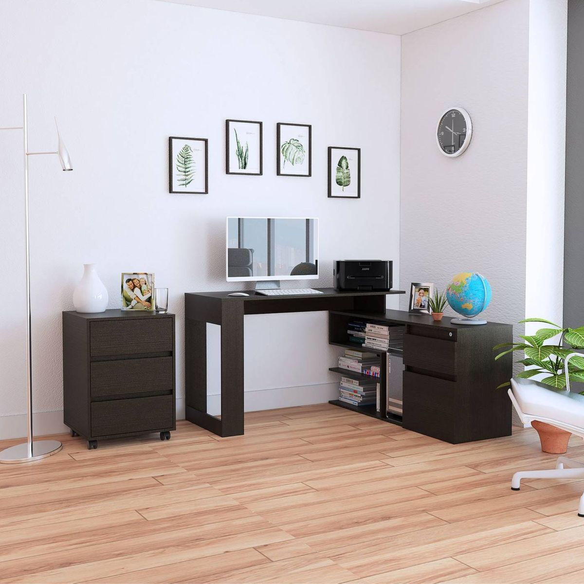 TUHOME - Combo Escritorio en L Melamina + Archivador Wengue C11