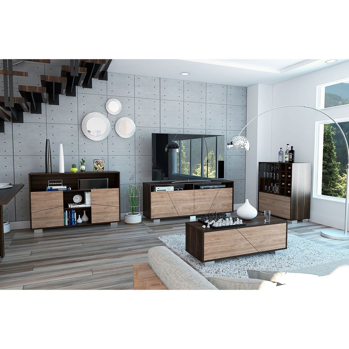 TUHOME - Mesa TV 70'' + Bar + Arrimo + Mesa de Centro Fraktal Habano/Miel