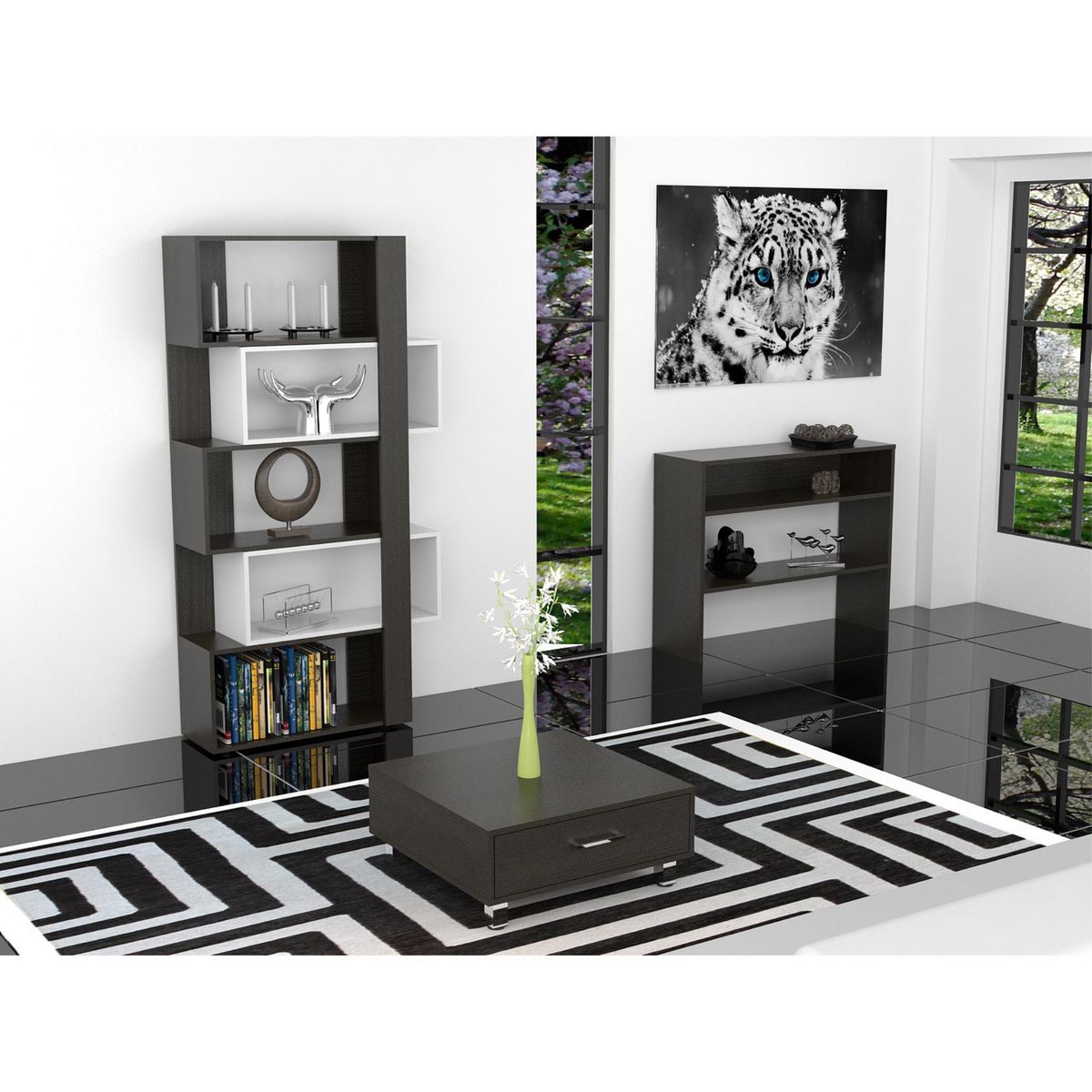 TUHOME - Combo Biblioteca Cubo + Mesa de Centro Beijing + Mueble Auxiliar Negro