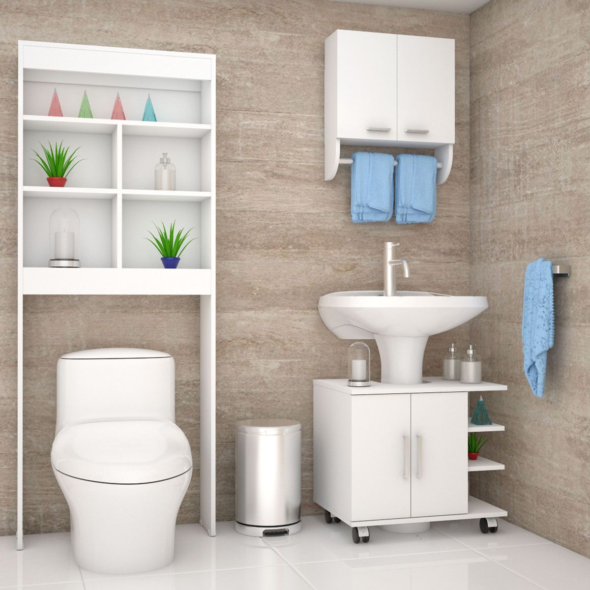 TUHOME - Combo Mueble de Baño Organizador Lavamanos + Botiquin Blanco + Organizador sobre Inodoro