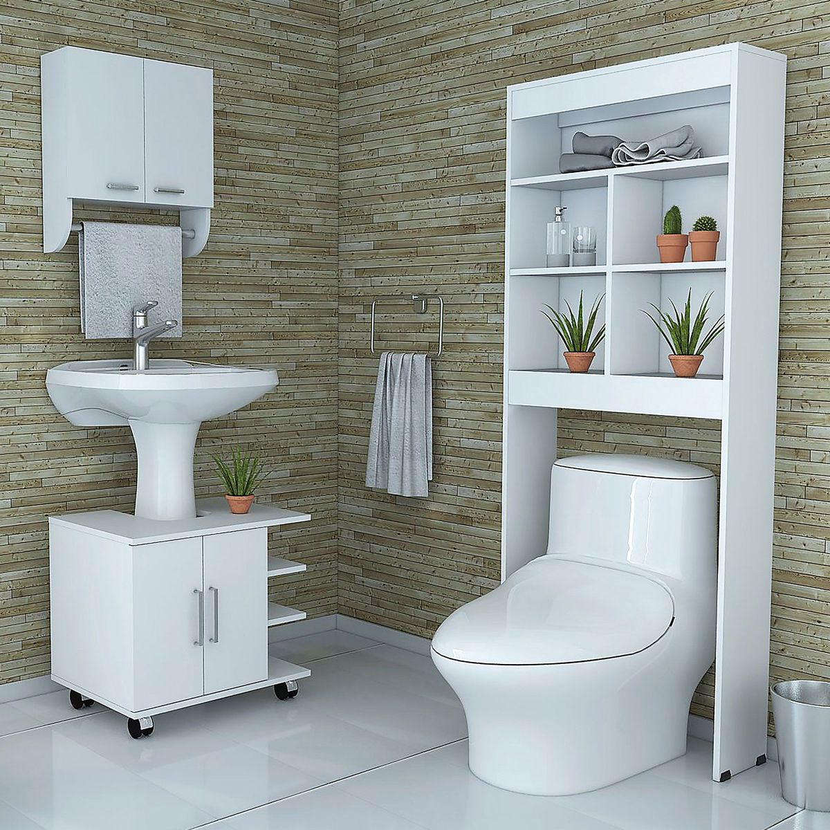 TUHOME - Combo Mueble de Baño Organizador Lavamanos + Botiquin Blanco + Organizador sobre Inodoro