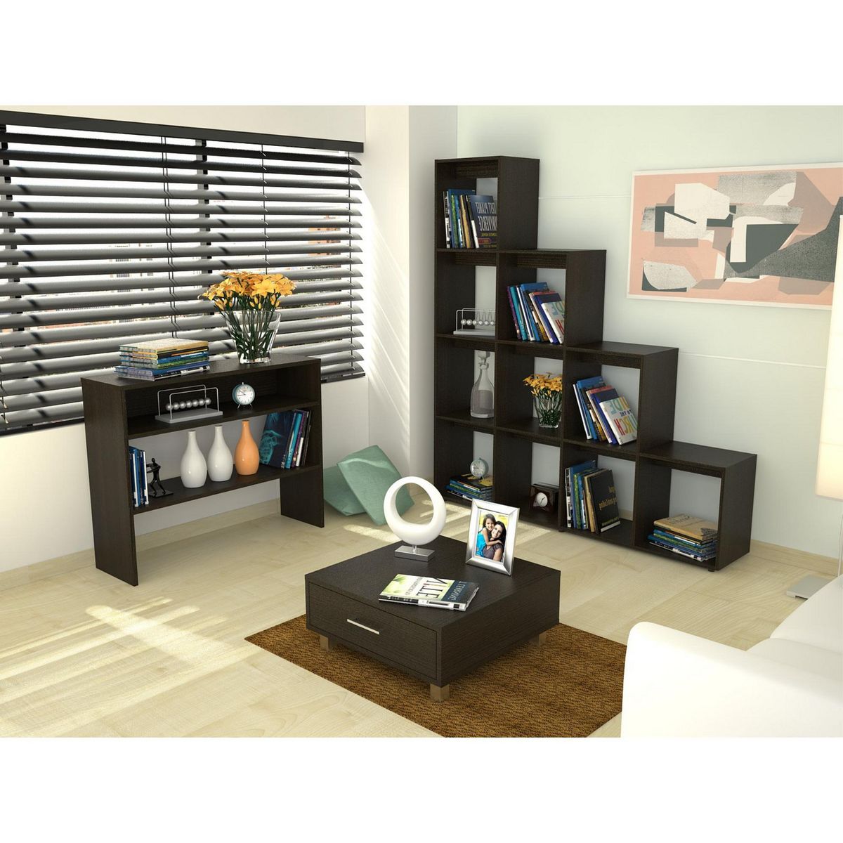 TUHOME - Combo Biblioteca + Mesa de Centro + Mueble Auxiliar Beijing Negro