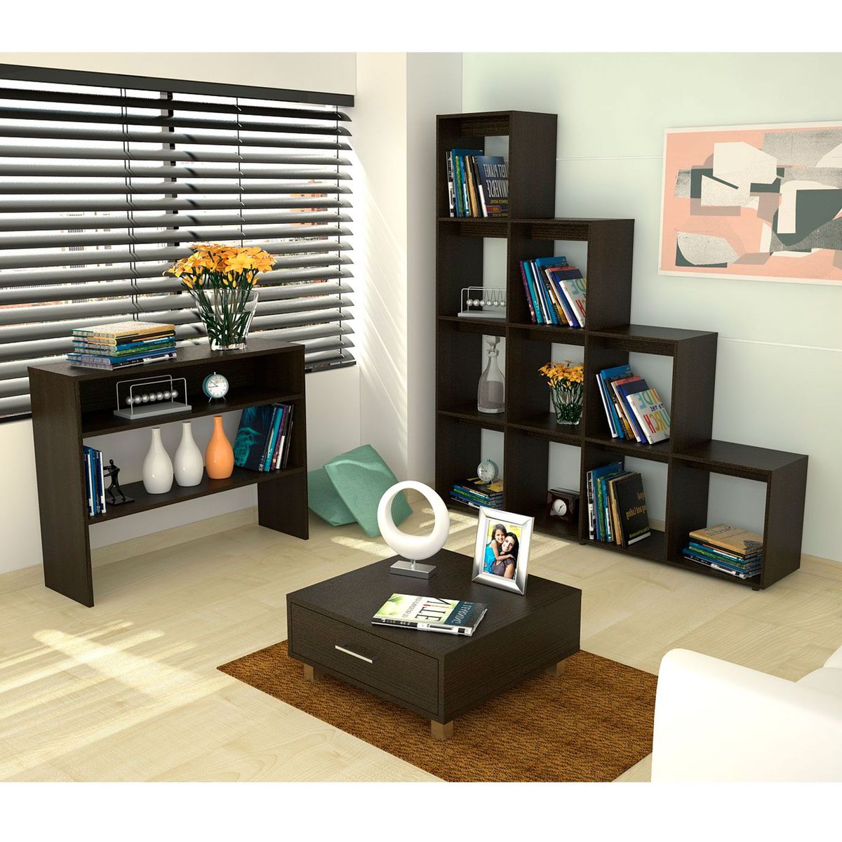 TUHOME - Combo Biblioteca + Mesa de Centro + Mueble Auxiliar Beijing Negro