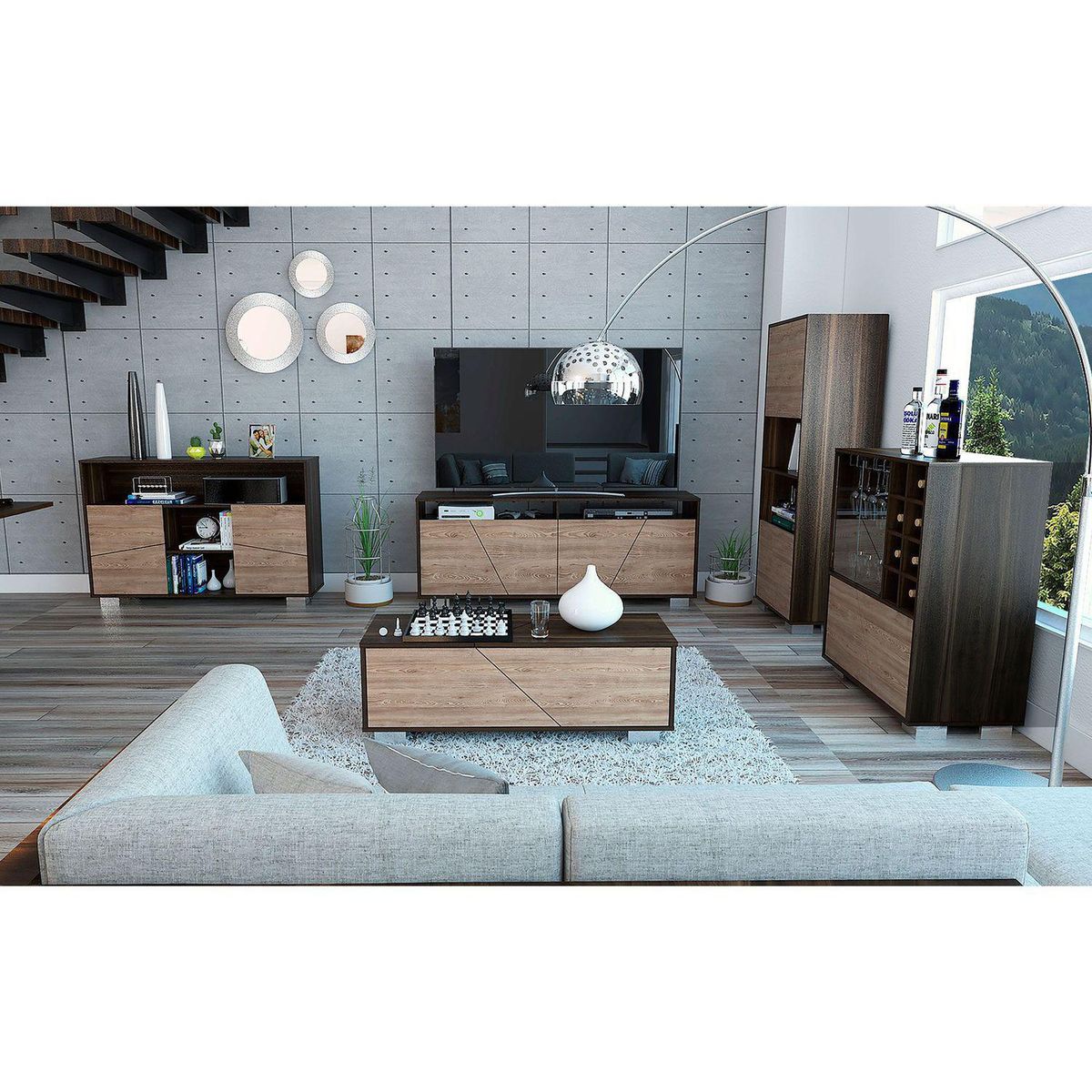 TUHOME - Combo Mesa TV + Biblioteca + Bar + Mesita de Centro Habano