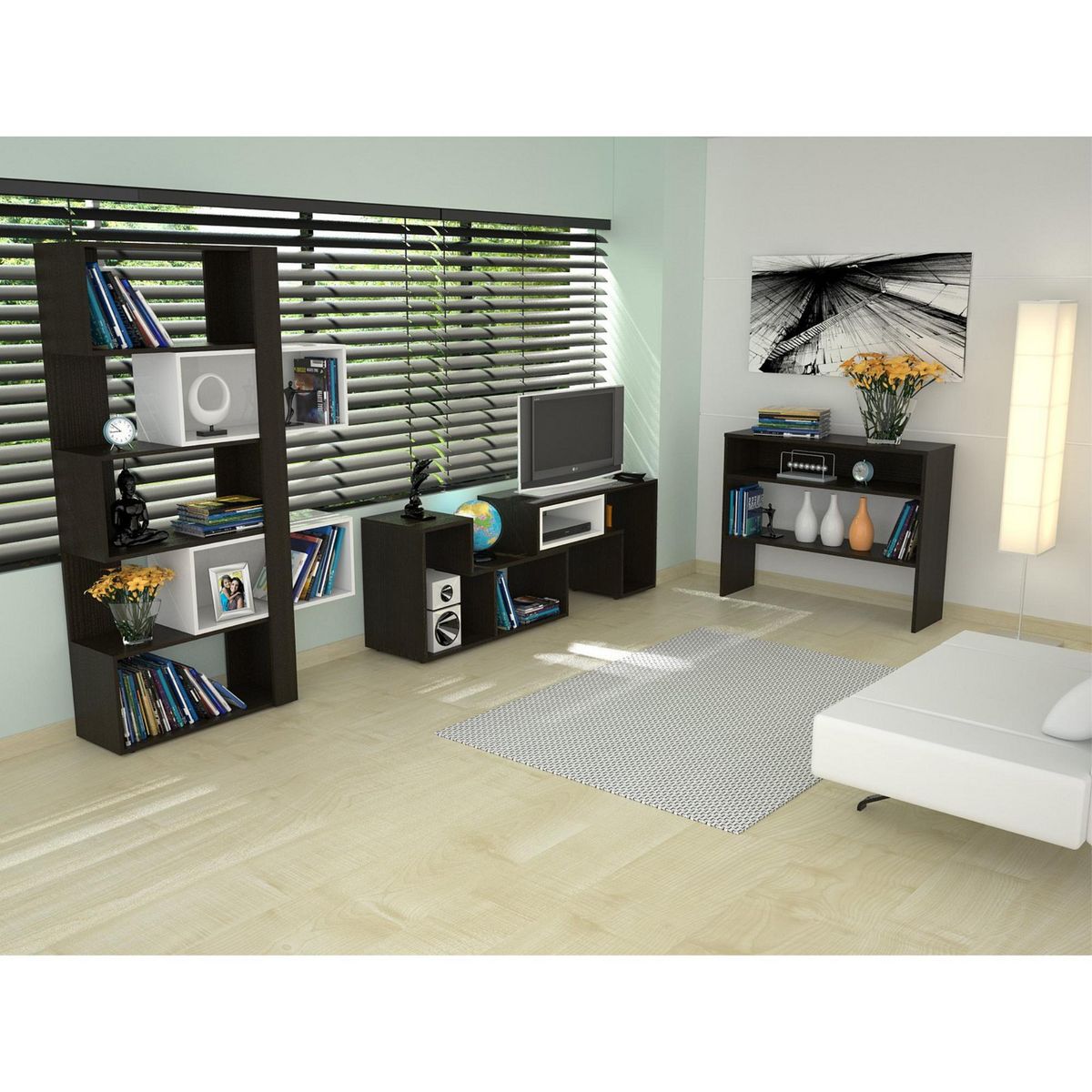 TUHOME - Combo Mesa de TV 40" Beijing + Biblioteca 7 Repisas + Mueble Auxiliar