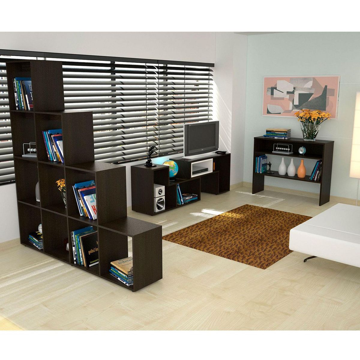 TUHOME - Combo Mesa de TV 40" + Biblioteca Escalera + Mueble Auxiliar Negro