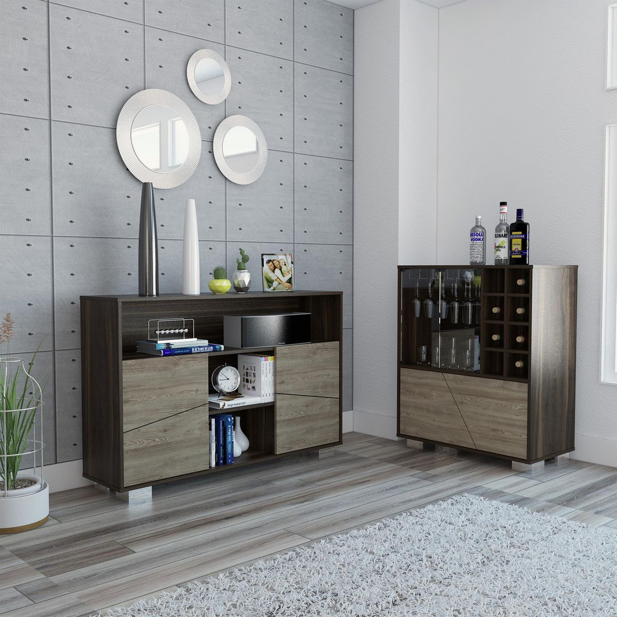 TUHOME - Combo Bar Bajo + Mueble Auxiliar Fraktal Habano/Miel