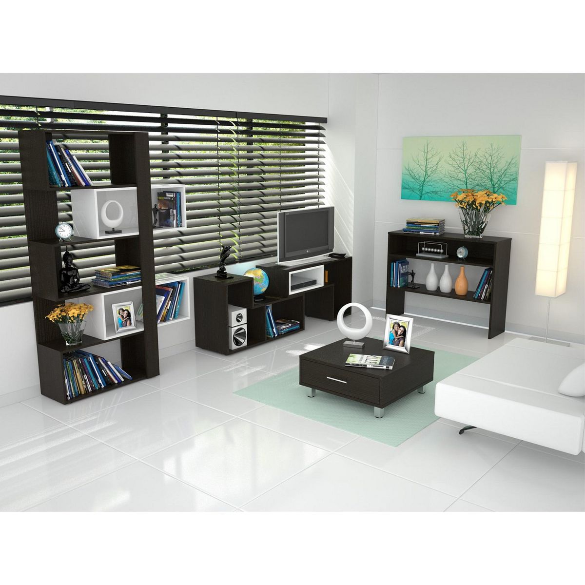 TUHOME - Mesa TV Beiging 40" + Biblioteca 7 Repisas + Mesa de Centro + Arrimo