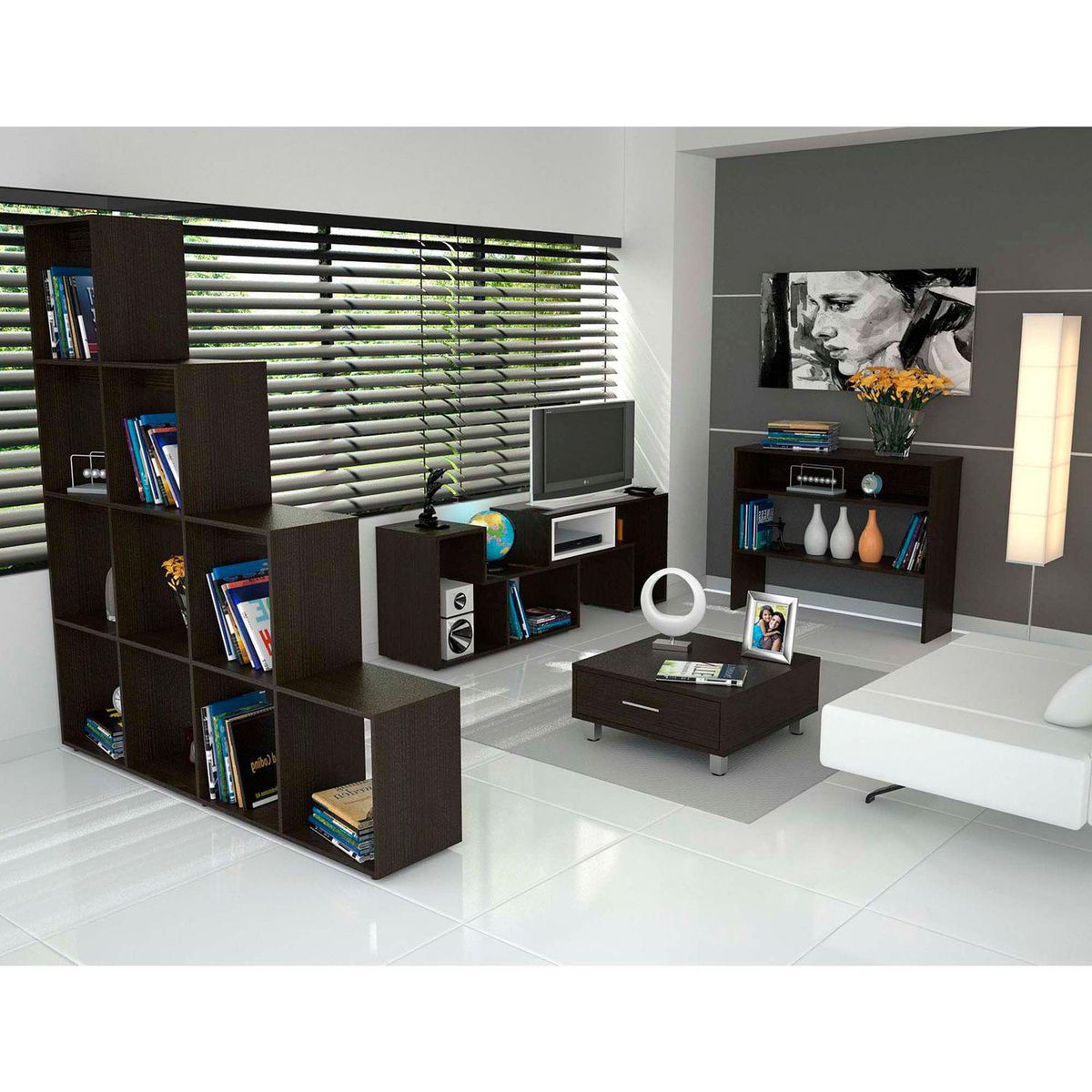 TUHOME - Rack Con Biblioteca Y Arrimo Central Beige