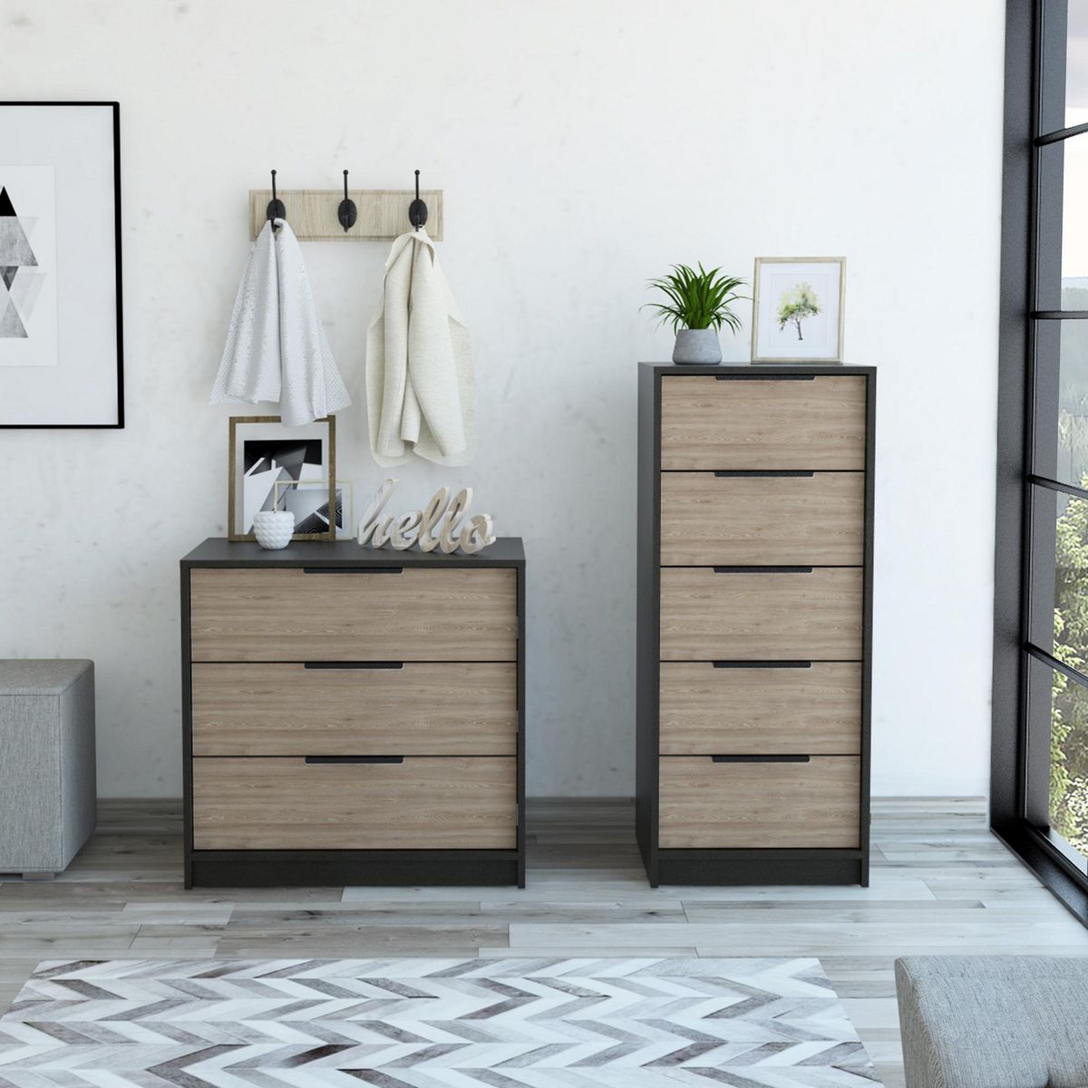 TUHOME - Cómoda Kaia 5 Cajones Wengue/Miel + Cómoda 3 Cajones