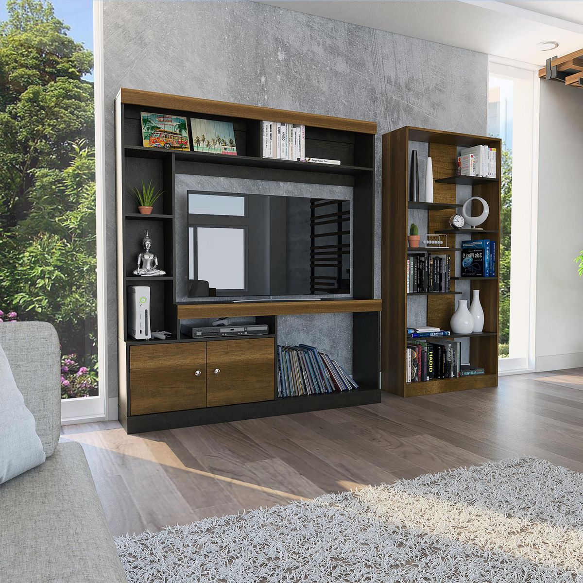 TUHOME - Combo Centro de Entretenimiento TV 52" + Biblioteca Caramelo/Wengue