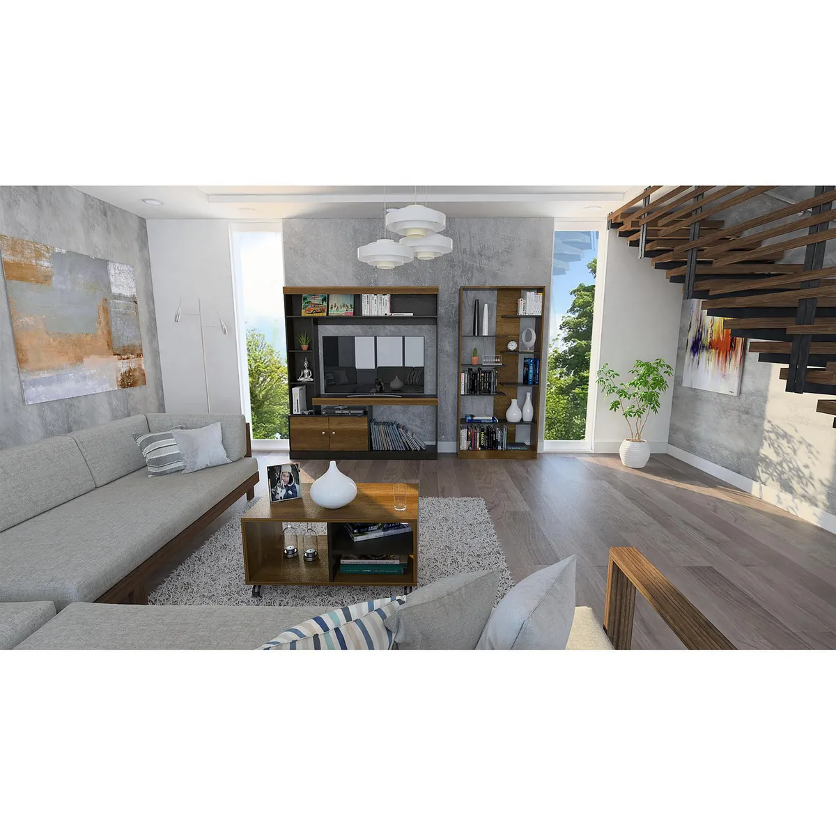 TUHOME - Centro de Entretenimiento 52" + Biblioteca 10 Repisas + Mesa de Centro