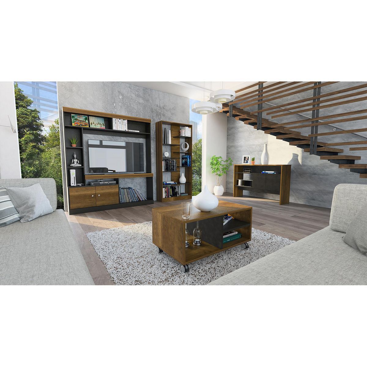 TUHOME - Combo Centro de Entretenimiento 52" + Biblioteca 10 Repisas + Mesa de Centro + Mueble Auxiliar