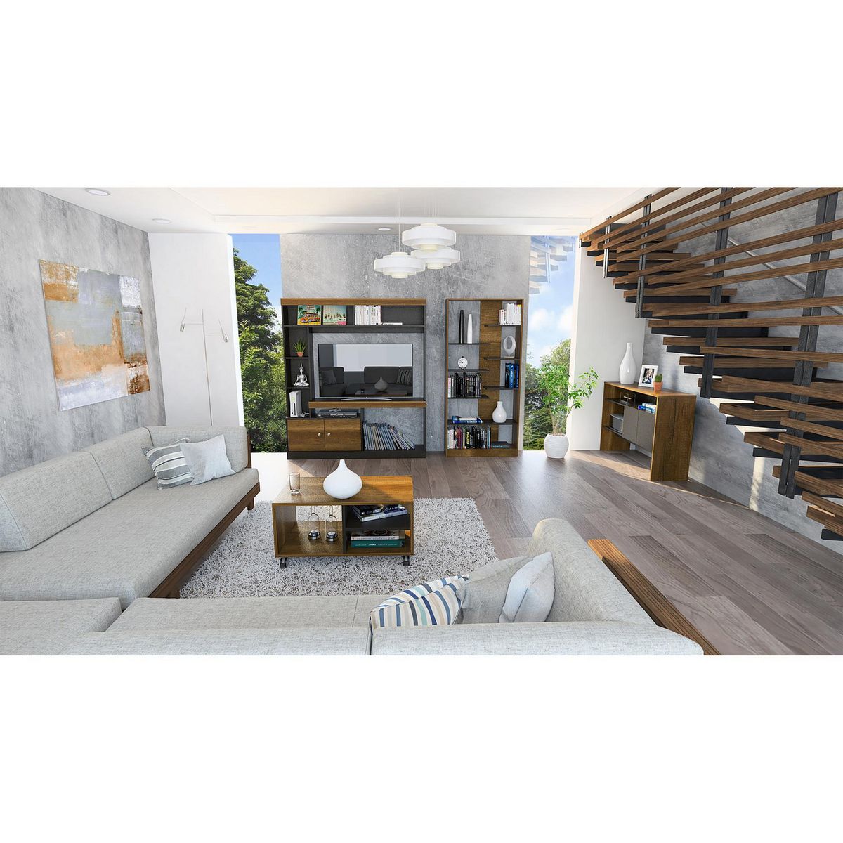 TUHOME - Combo Centro de Entretenimiento 52" + Biblioteca 10 Repisas + Mesa de Centro + Mueble Auxiliar