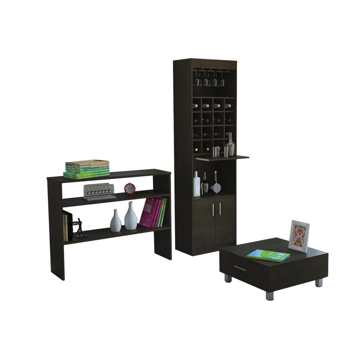 TUHOME - Combo Bar Kava Negro + Mueble Auxiliar + Mesa de Centro