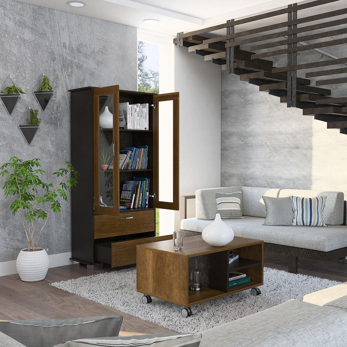 TUHOME - Combo Vitrina Estante Librero + Mesa de Centro Classic