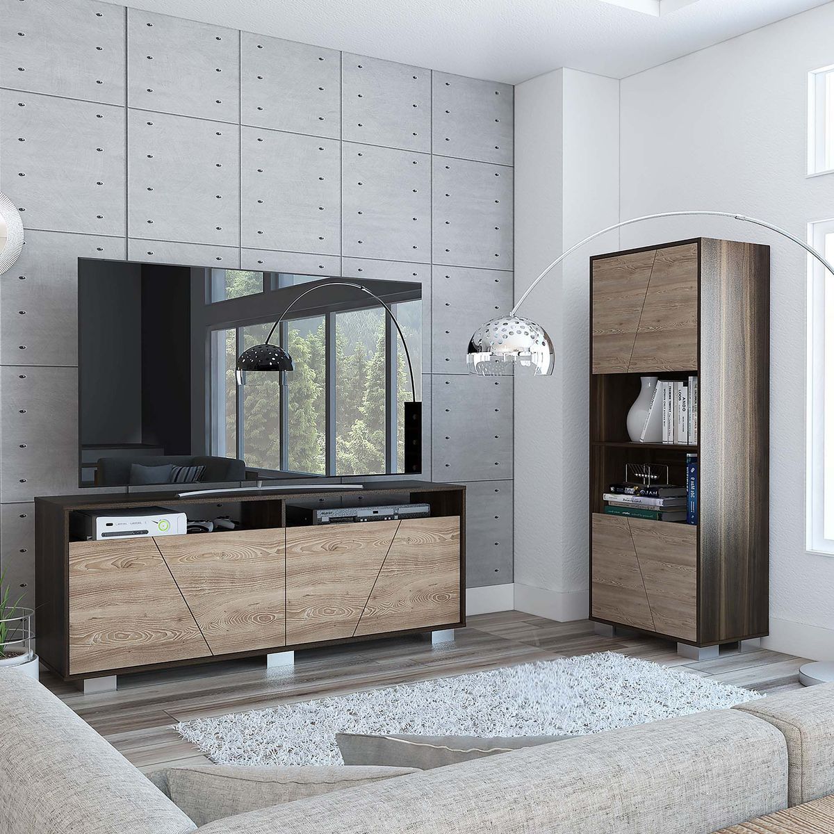 TUHOME - Mesa TV Fraktal 70'' + Biblioteca 5 Repisas