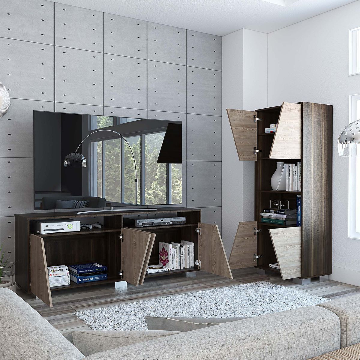 TUHOME - Mesa TV Fraktal 70'' + Biblioteca 5 Repisas