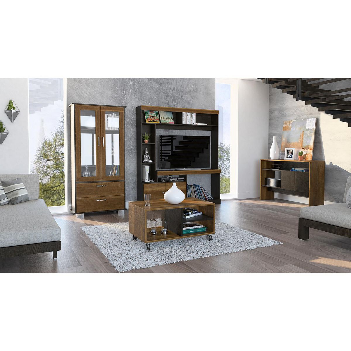 TUHOME - Centro de Entretenimiento 52" + Vitrina 3 Repisas + Mesa de Centro + Arrimo