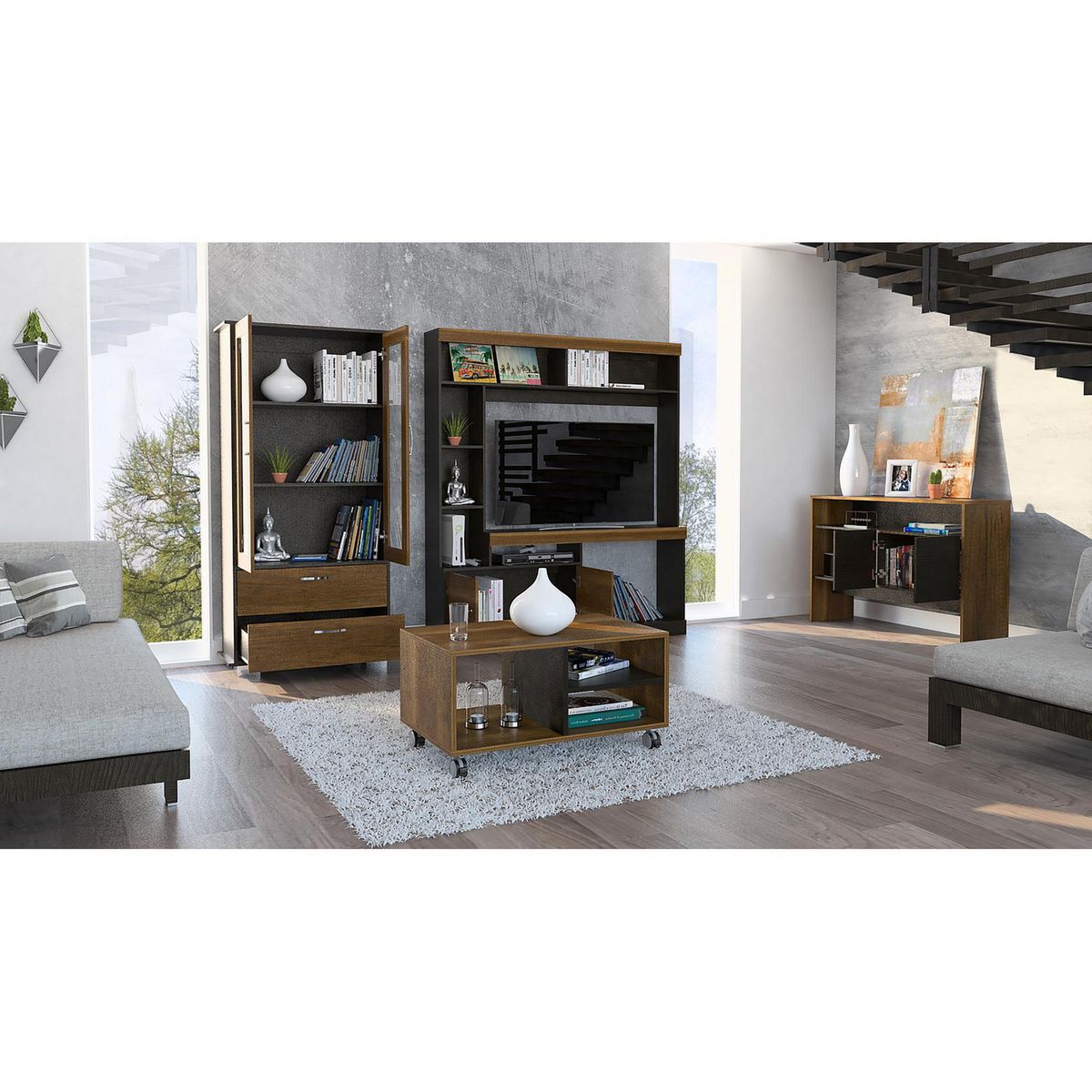 TUHOME - Centro de Entretenimiento 52" + Vitrina 3 Repisas + Mesa de Centro + Arrimo