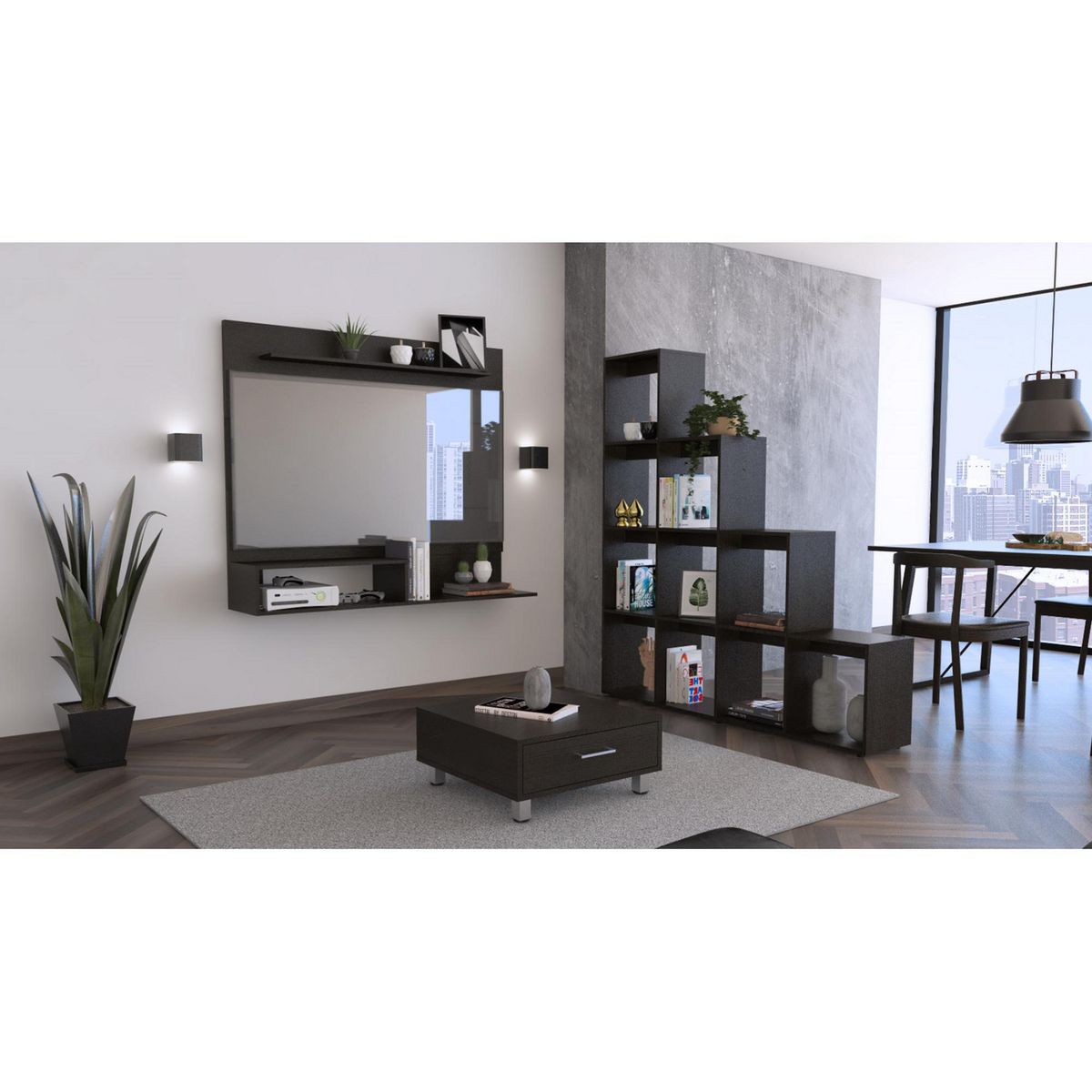 TUHOME - Panel TV Beijing 55'' + Biblioteca 13 Repisas + Mesa de Centro Beijing