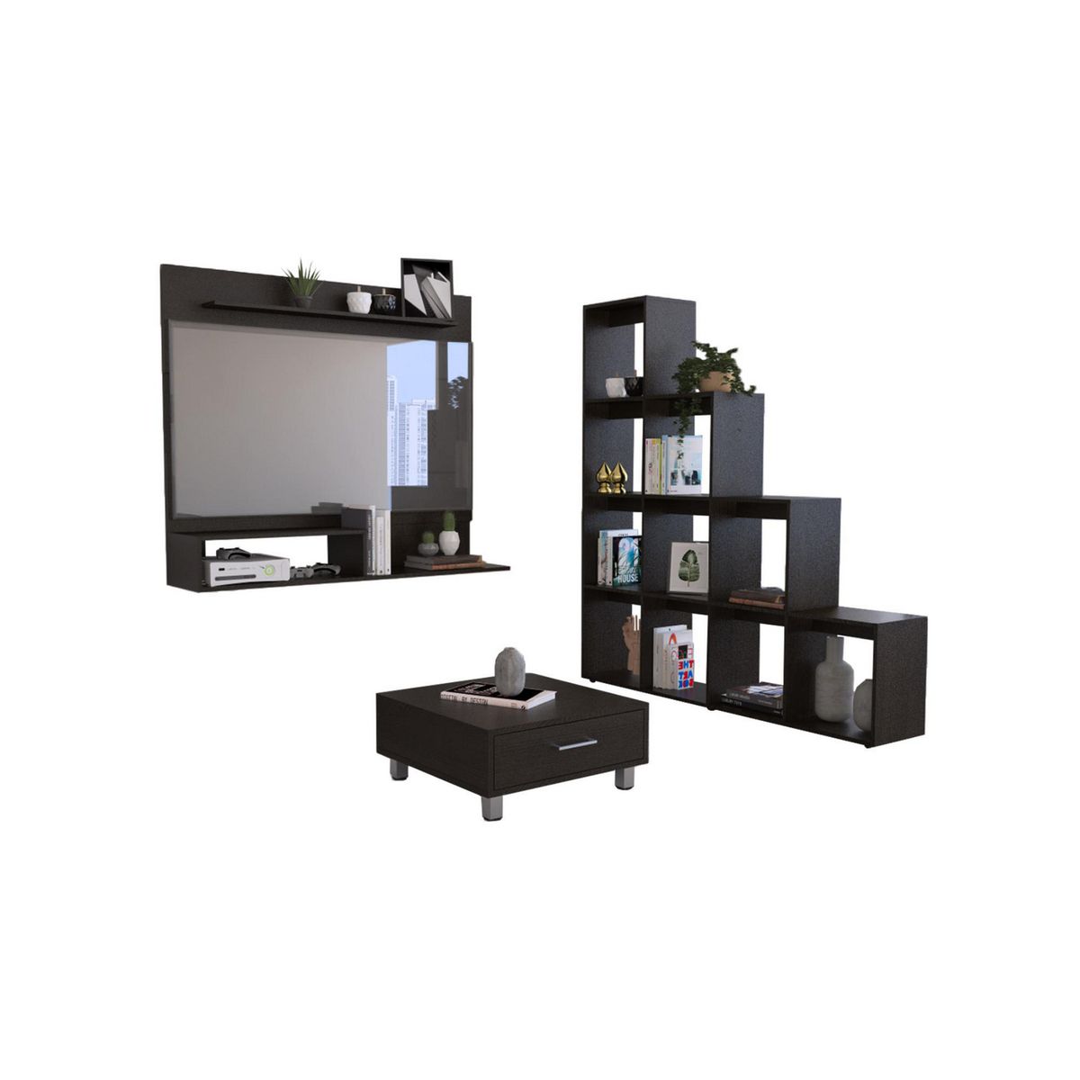 TUHOME - Panel TV Beijing 55'' + Biblioteca 13 Repisas + Mesa de Centro Beijing