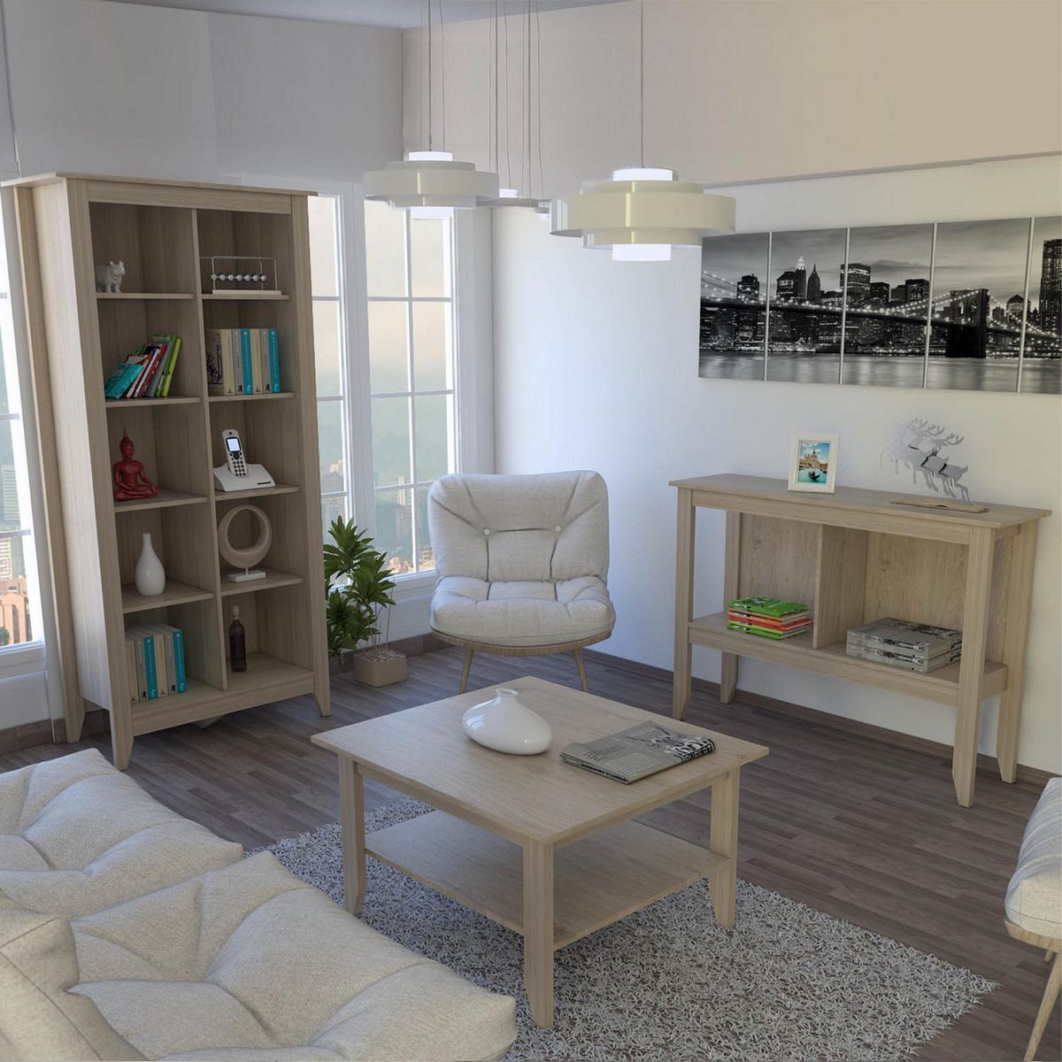 TUHOME - Combo Estante Librero + Recibidor + Mesa de Centro Essential Rovere