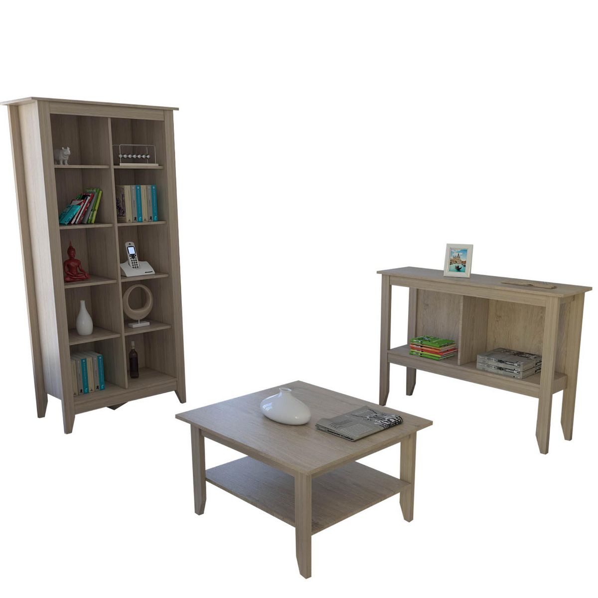 TUHOME - Combo Estante Librero + Recibidor + Mesa de Centro Essential Rovere