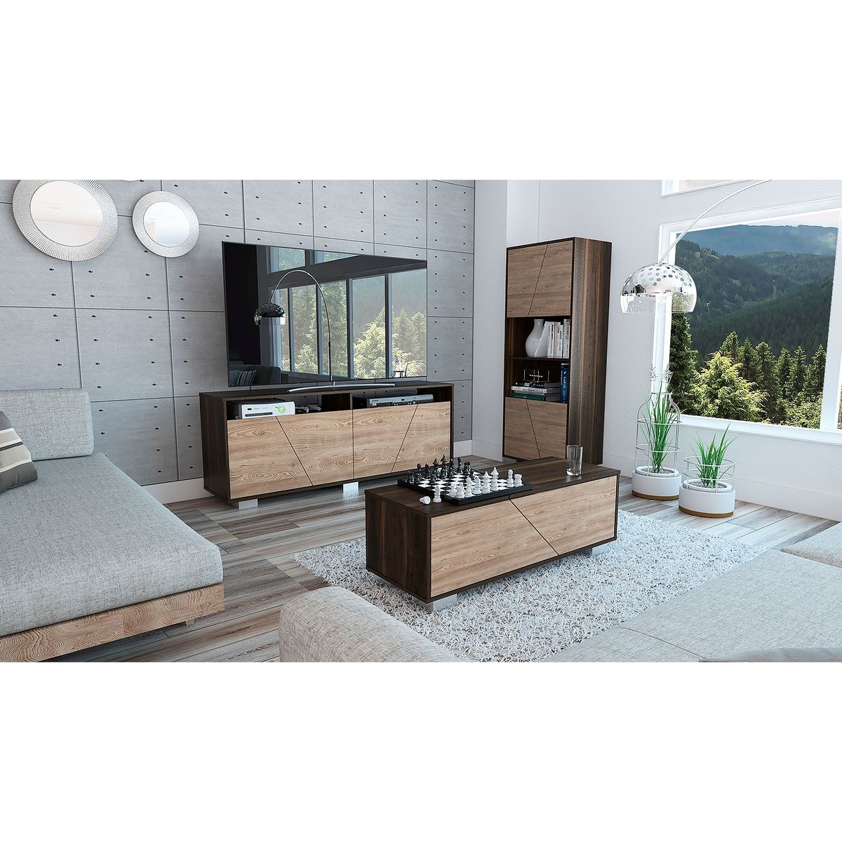 TUHOME - Mesa TV Fraktal 70" + Biblioteca 5 Repisas + Mesa de Centro