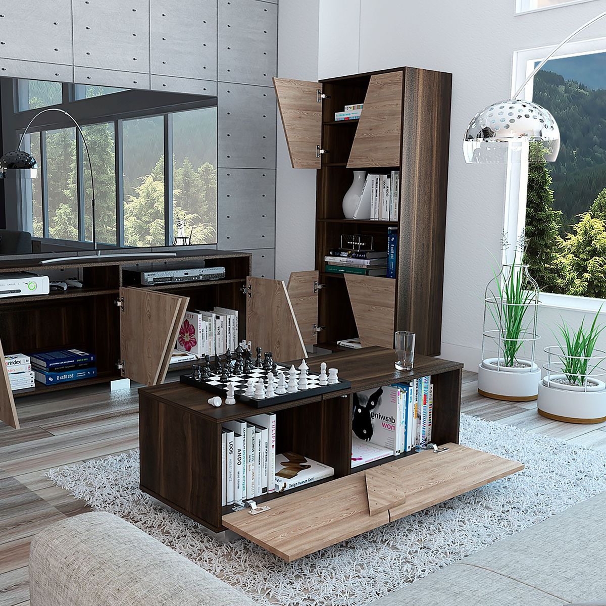 TUHOME - Mesa TV Fraktal 70" + Biblioteca 5 Repisas + Mesa de Centro