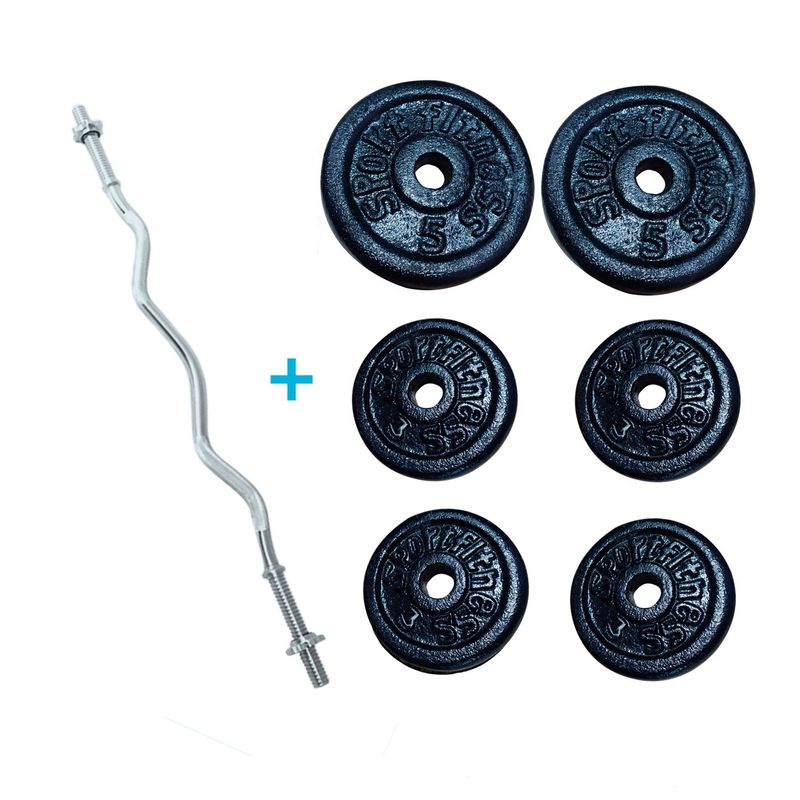 SPORTFITNESS - Pack de Pesas 22kg Redonda + Barra Curva