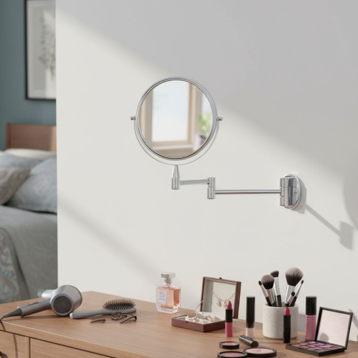 JUST HOME COLLECTION - Espejo Cosmético Giratorio Metal Cromdo Extensible 17cm