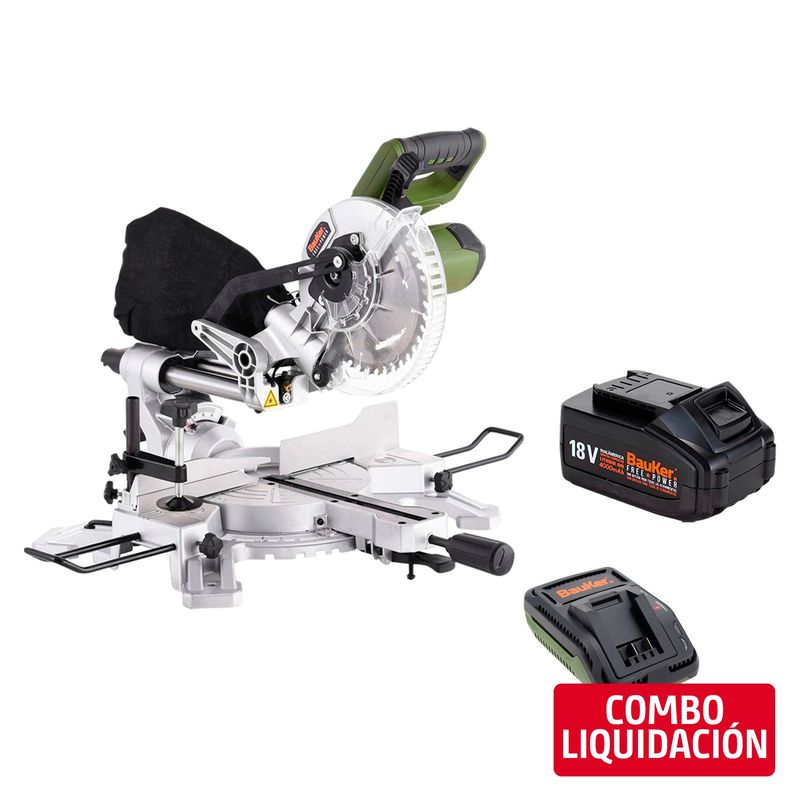 BAUKER - Sierra Ingleteadora Inalámbrica 7-1/4'' 18V Sin Batería Bauker + Batería Recargable 18V 4.0Ah Bauker + Cargador de Batería 18V Bauker