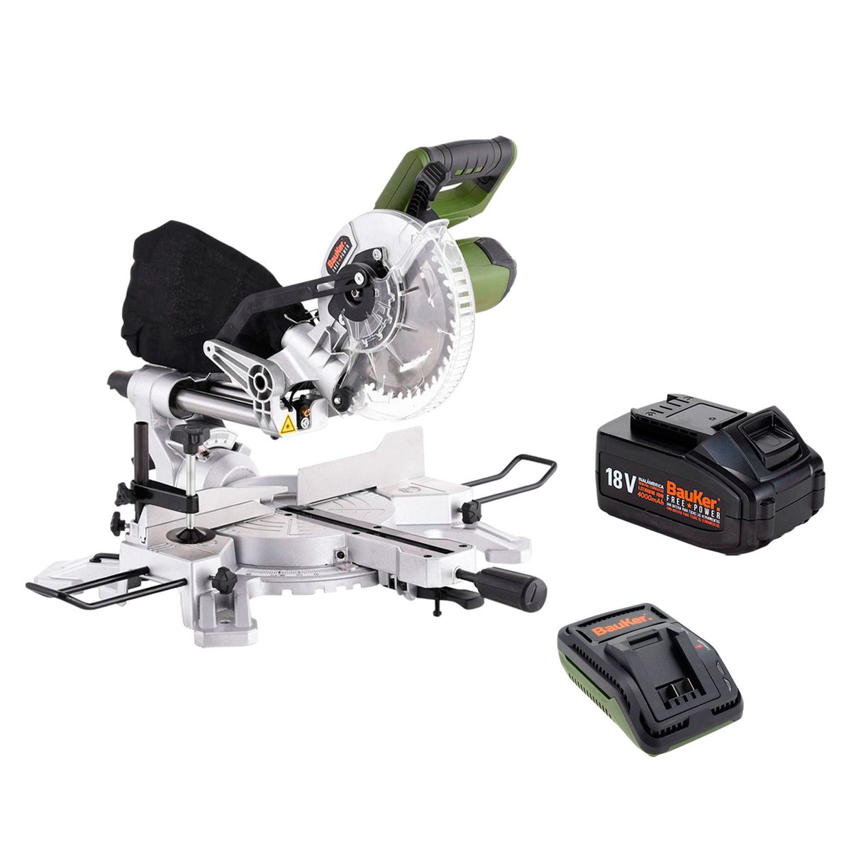 BAUKER - Sierra Ingleteadora Inalámbrica 7-1/4'' 18V Sin Batería Bauker + Batería Recargable 18V 4.0Ah Bauker + Cargador de Batería 18V Bauker