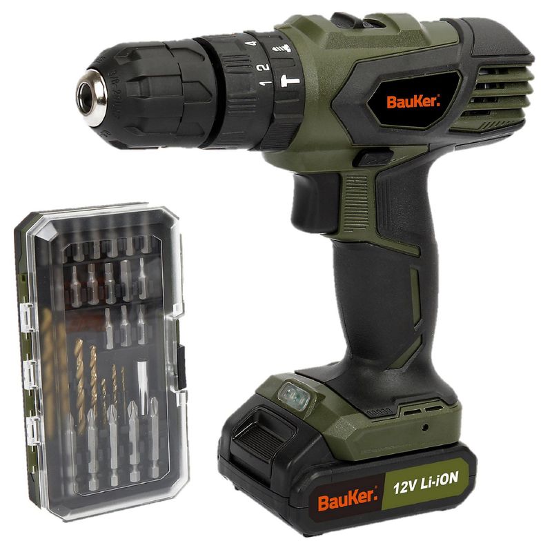 BAUKER - Taladro Percutor Inalámbrico Bauker 10mm 12V + Accesorios 29 Piezas Bauker