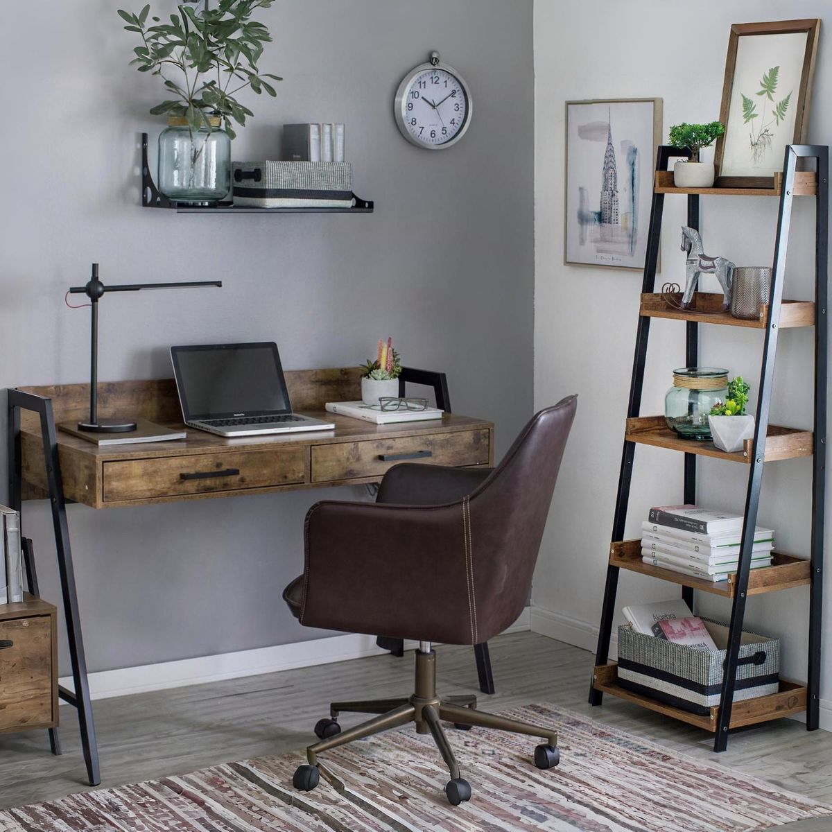  - Escritorio con Entrada USB Rocky Hill + Estante 5 Repisas 152x51x35cm