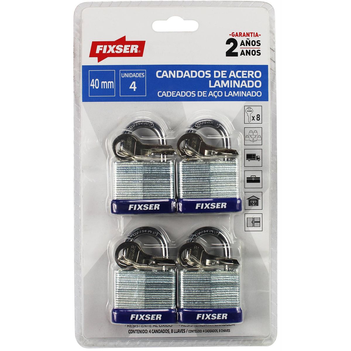 FIXSER - Candado Laminado de Acero Inoxidable Fixser 40 mm x 4 unid