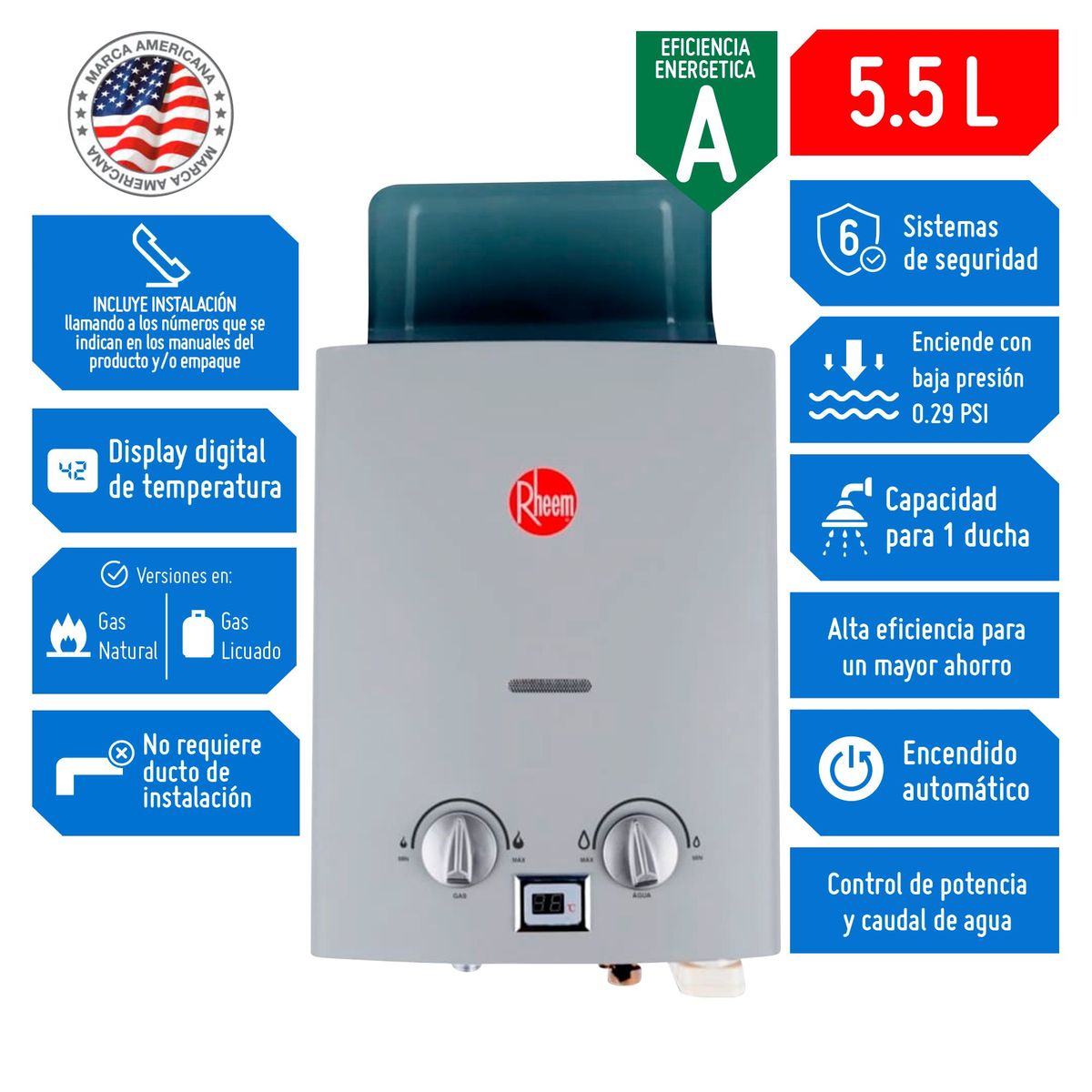 RHEEM - Terma a Gas Rheem GN 5.5 litros Tiro Natural