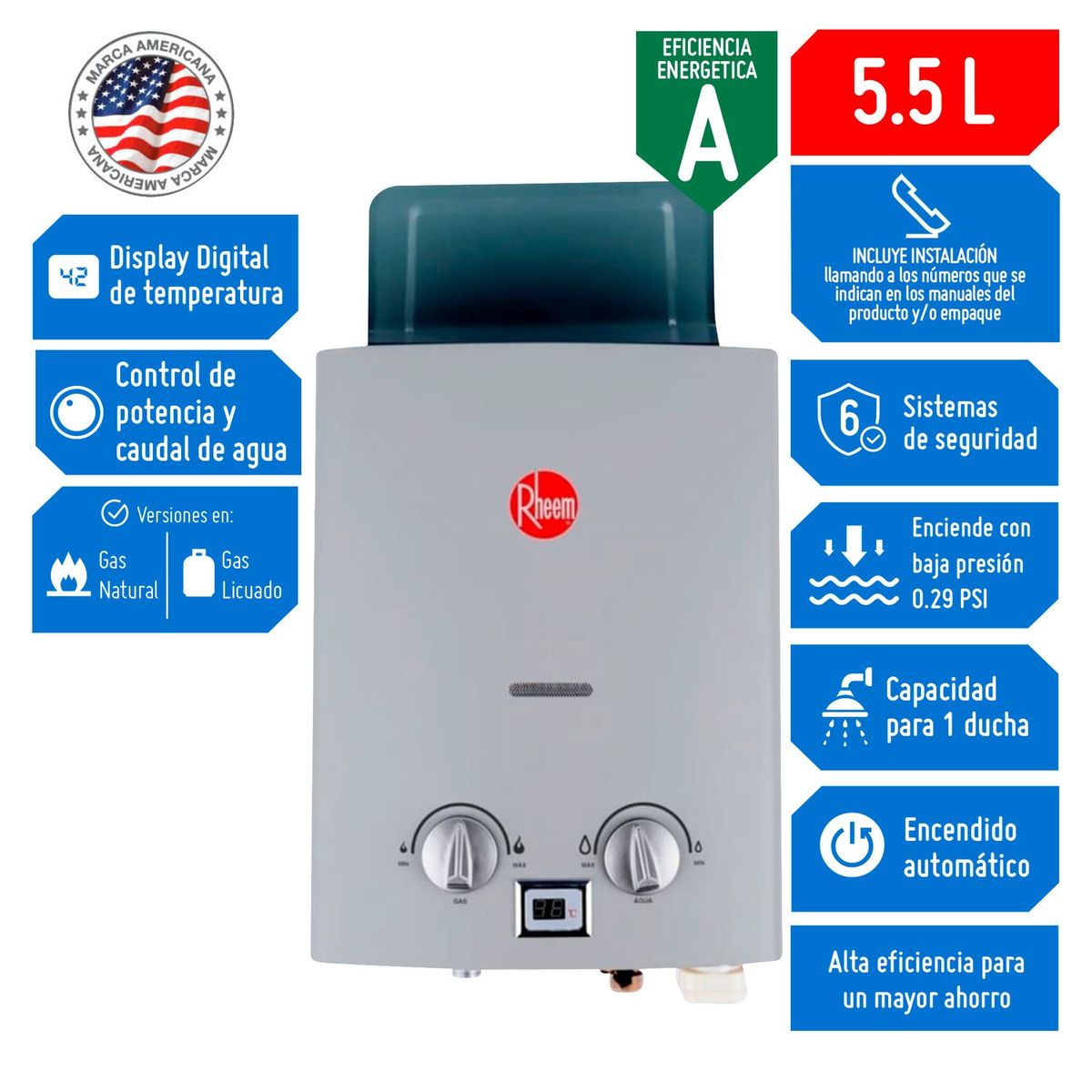 RHEEM - Terma a Gas Rheem GLP 5.5 litros Tiro Natural
