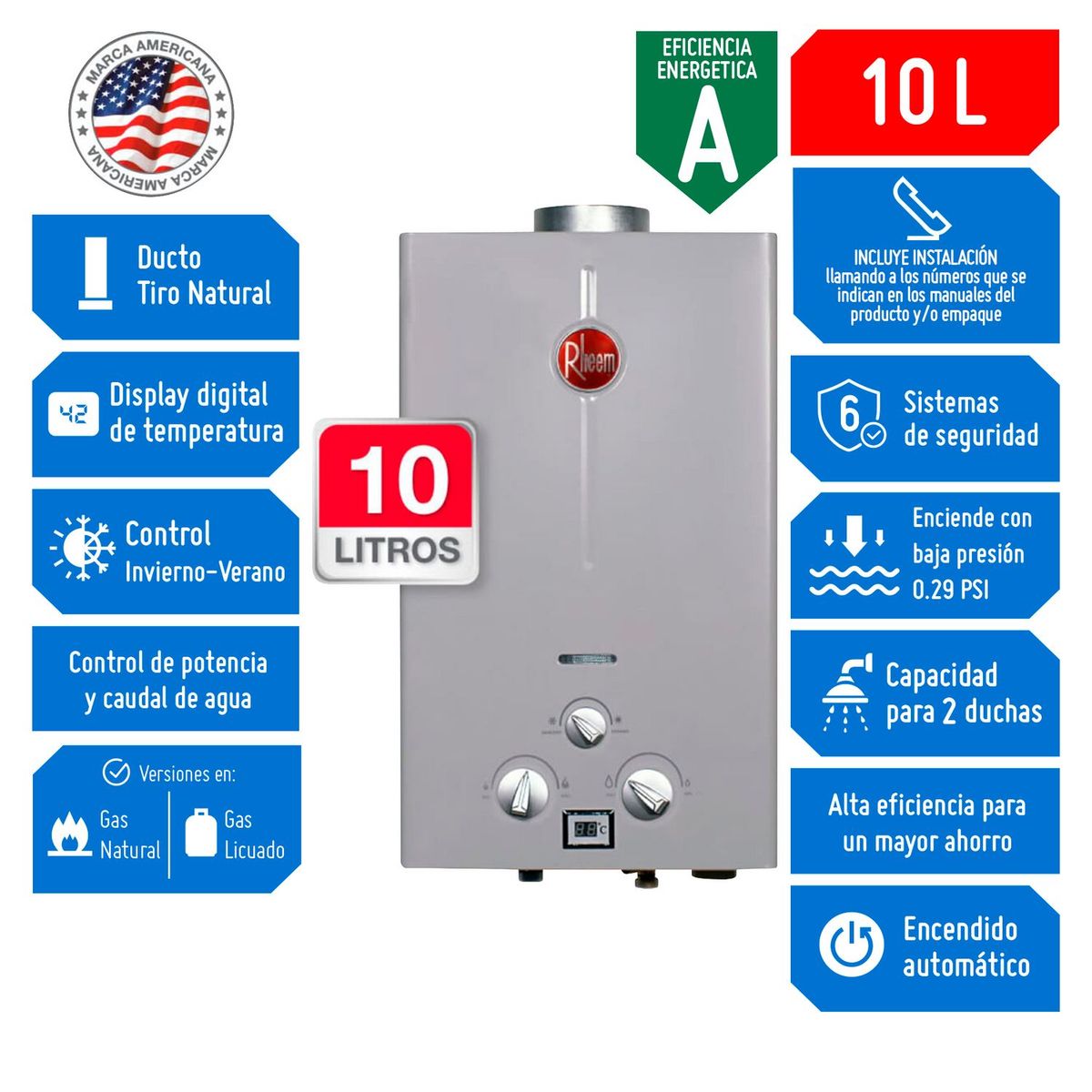 RHEEM - Terma a Gas Rheem GLP 10 litros Tiro Natural